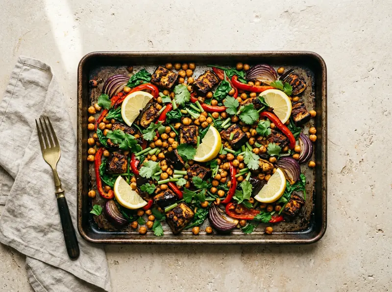 Aubergine & chickpea tikka traybake