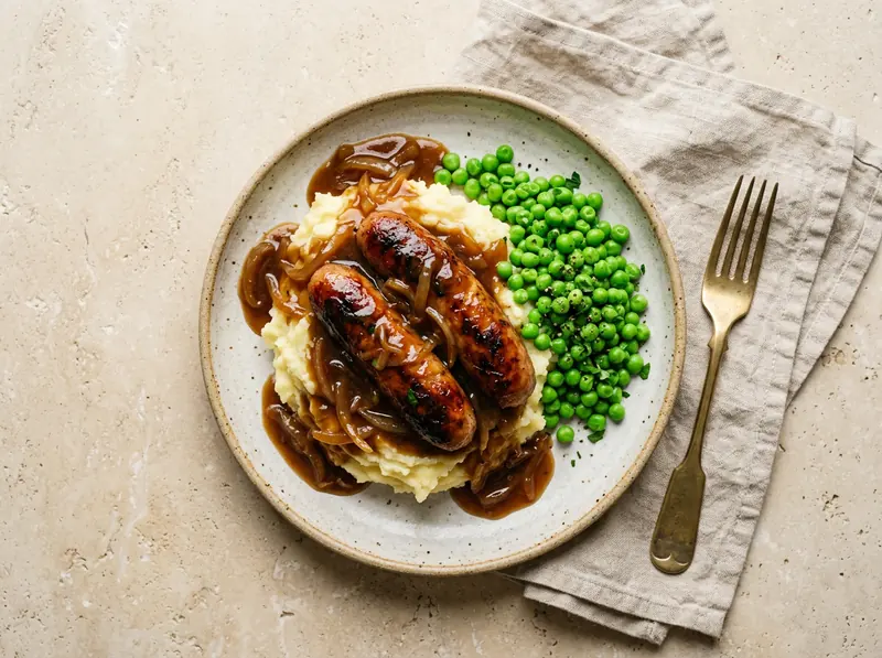 Bangers & mash with onion gravy