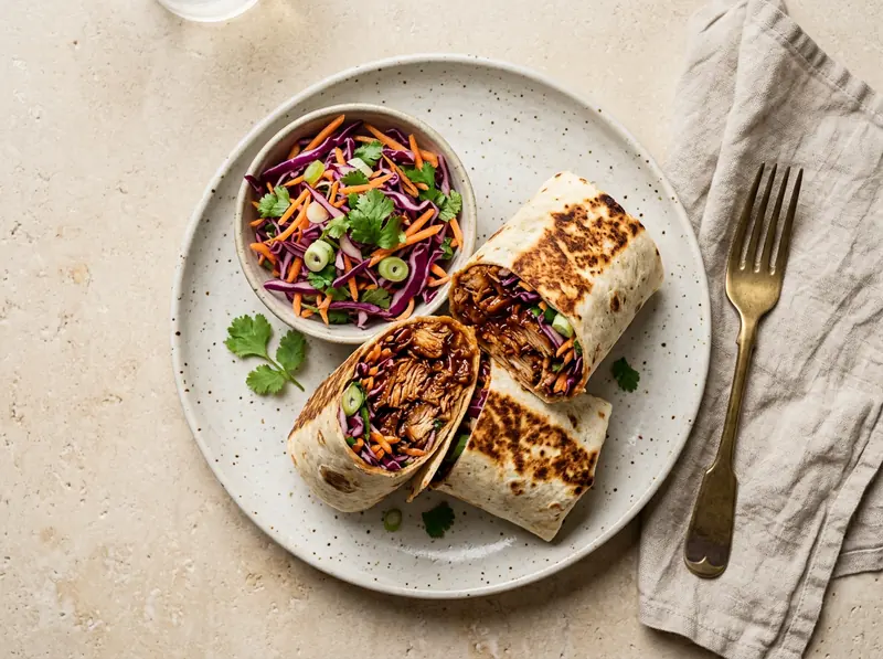 Sticky BBQ pulled chicken wraps