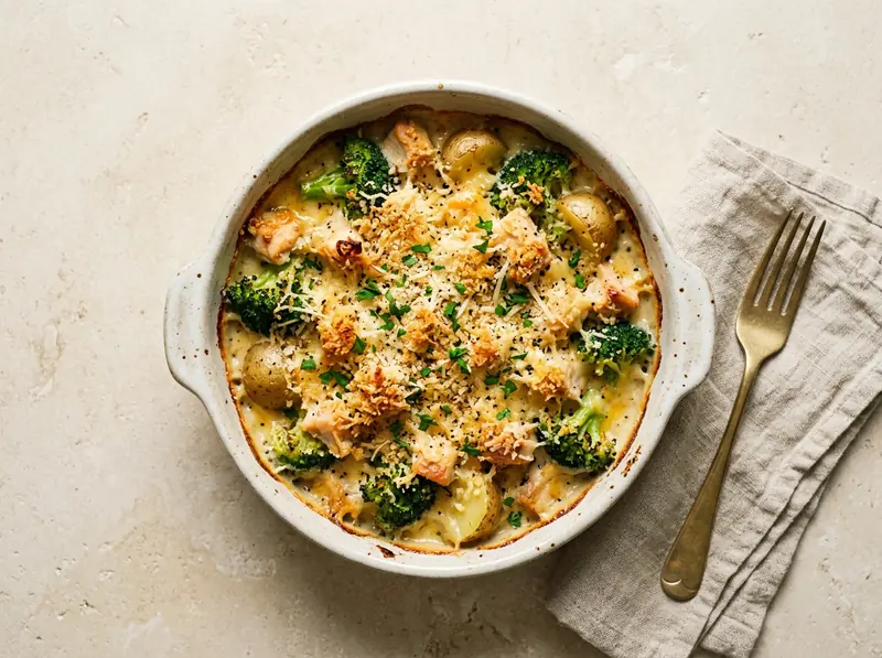 Cheesy chicken & broccoli bake