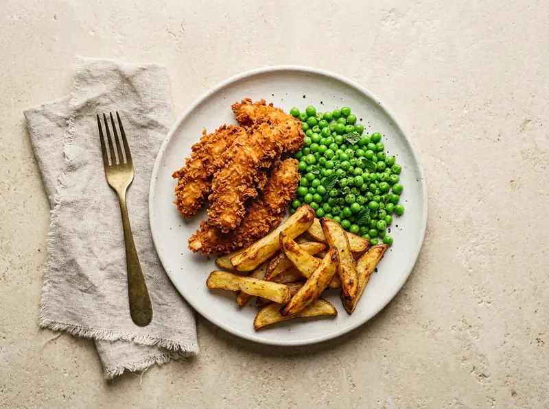 Crispy chicken goujons, chips & peas