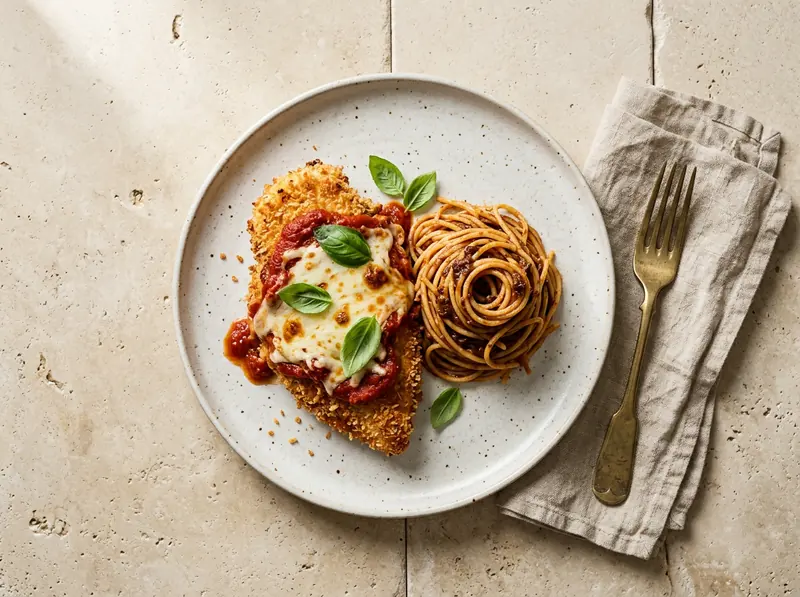 Chicken parmigiana with spaghetti
