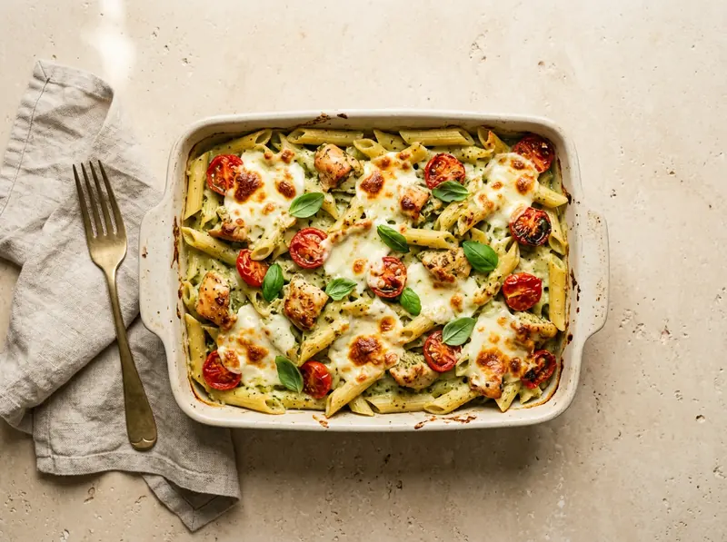 Chicken, pesto & mozzarella pasta bake