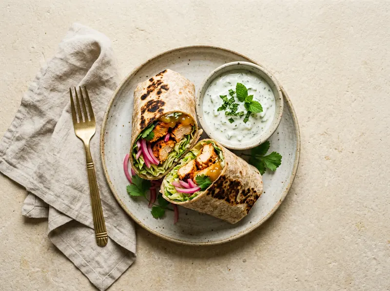 Chicken tikka wraps with mint raita