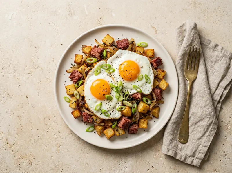 Corned beef hash with fried eggs