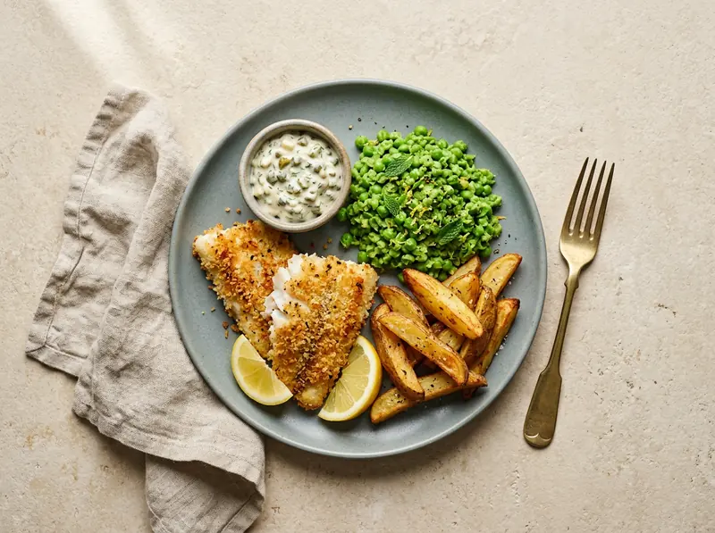 Oven fish & chips with minty crushed peas