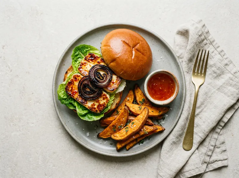 Halloumi burgers & sweet potato wedges