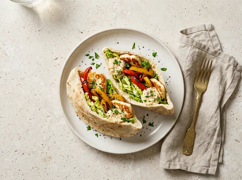 Halloumi & charred pepper pittas