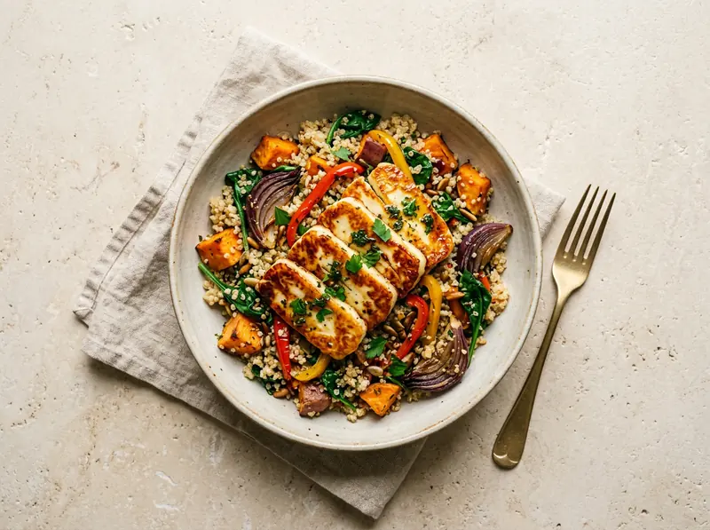 Roast veg quinoa with halloumi