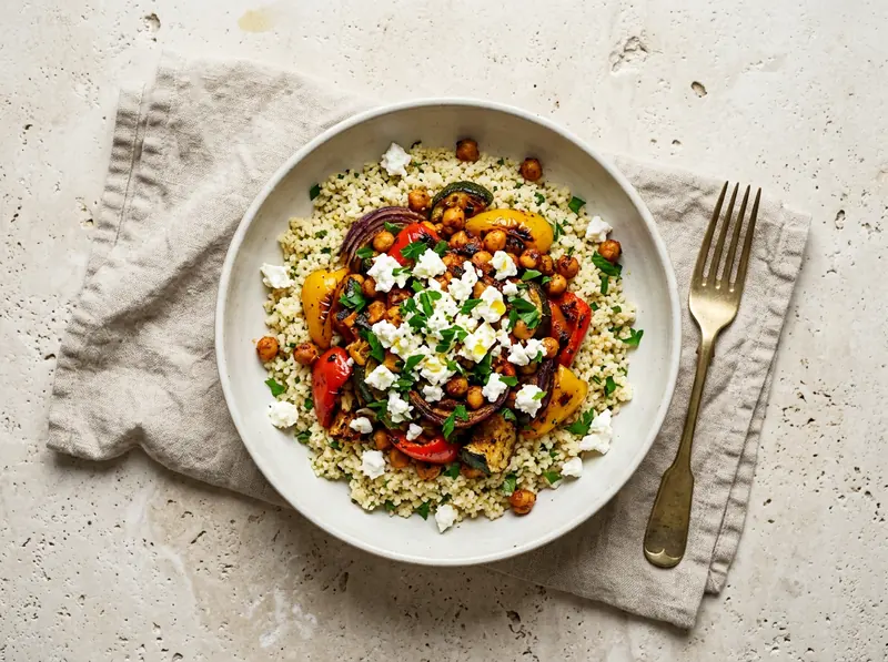 Harissa roast veg couscous with feta