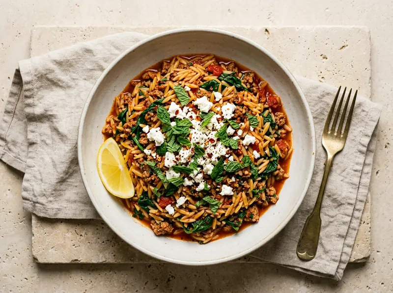 Harissa lamb orzo with feta & mint