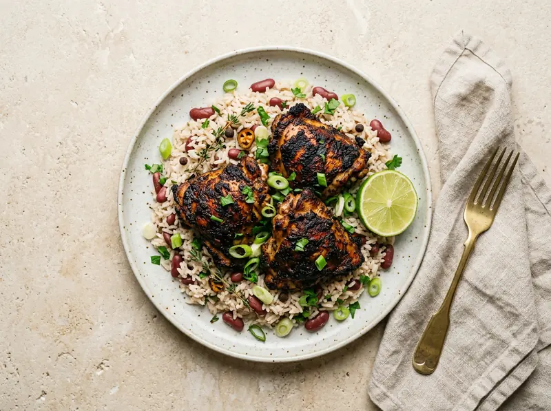 Jerk chicken with rice & peas