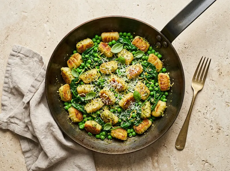 Crispy pesto gnocchi with peas