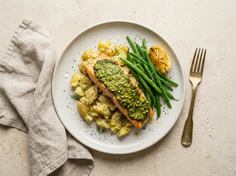 Pesto salmon with crushed potatoes