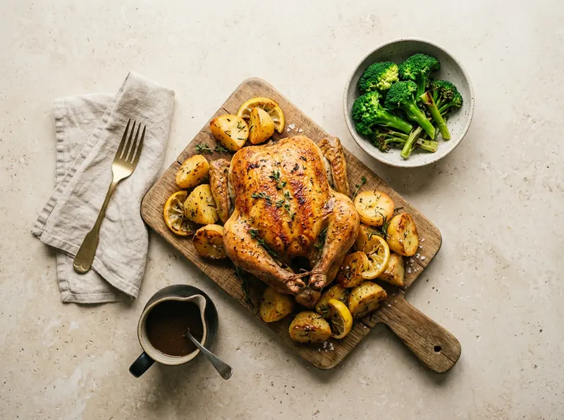 Roast chicken with lemon & thyme potatoes