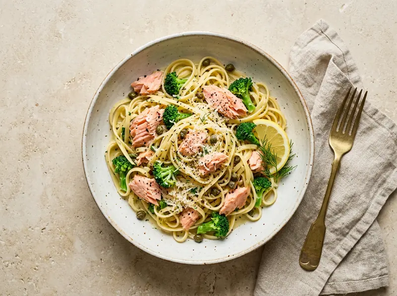 Lemony salmon & broccoli pasta