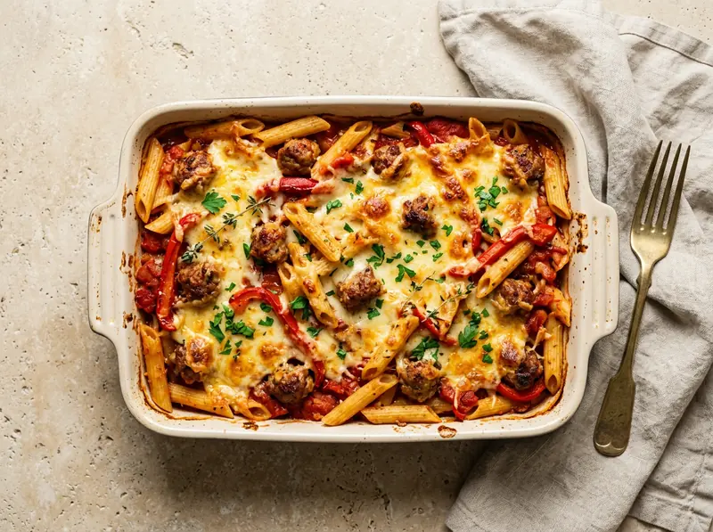 Sausage & tomato pasta bake
