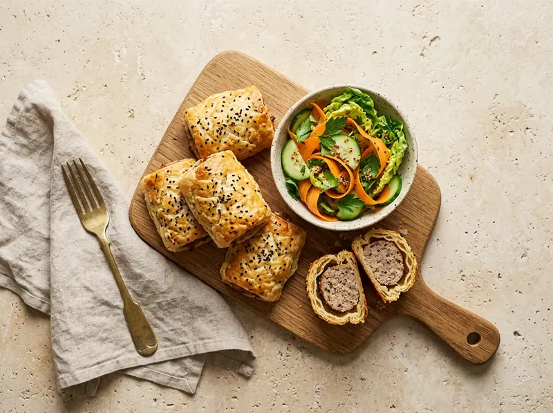 Homemade sausage rolls with crunchy salad