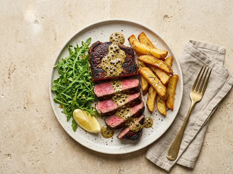 Steak & chips with peppercorn sauce
