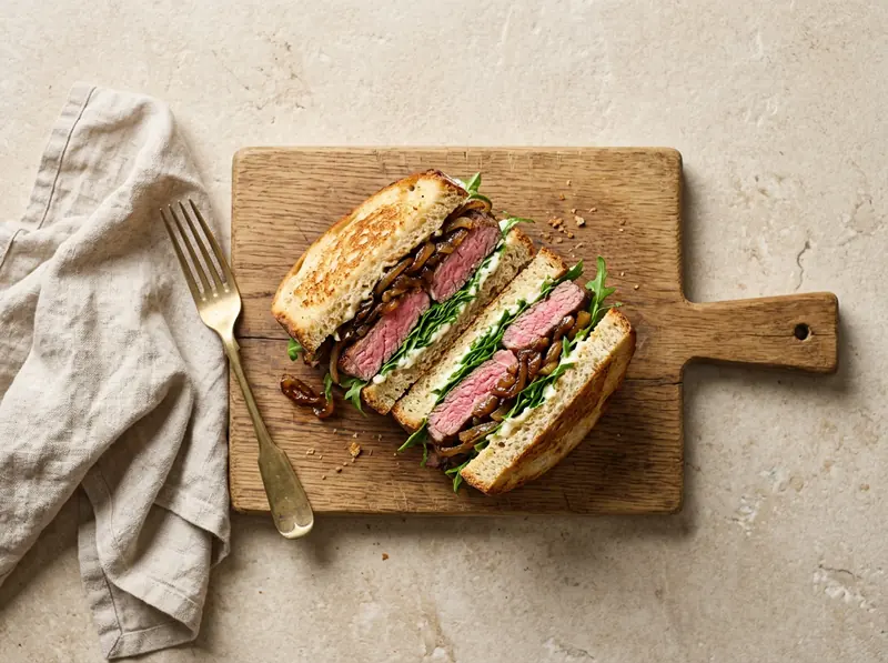 Steak sandwiches with caramelised onions
