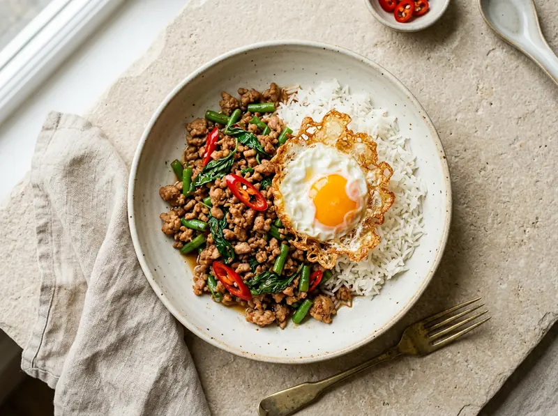 Thai basil pork with a crispy egg