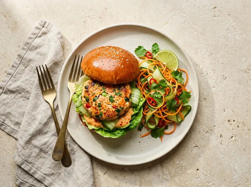 Thai salmon burgers with sweet chilli mayo