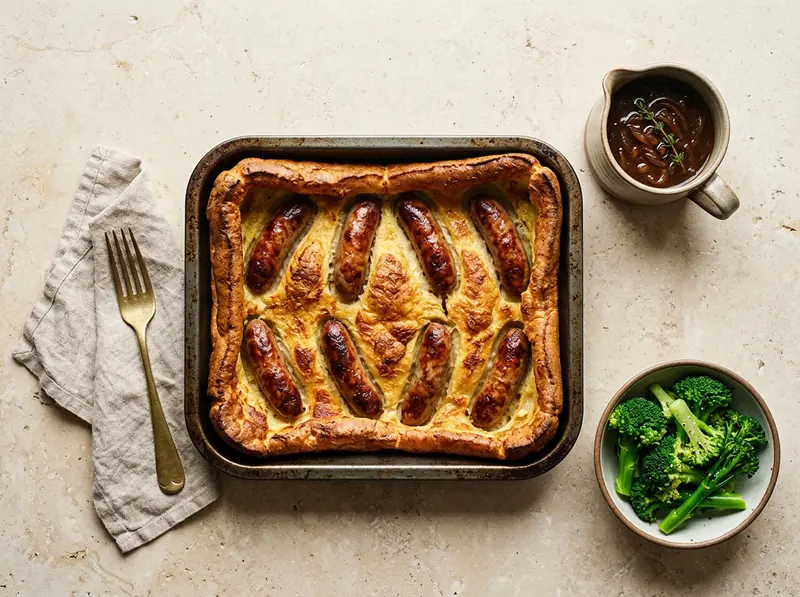 Toad in the hole with gravy & greens