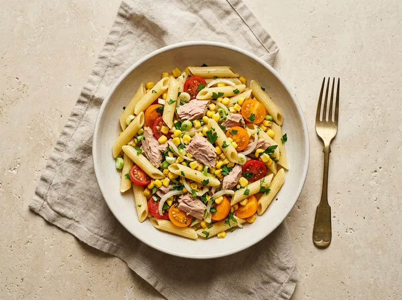 Tuna, sweetcorn & tomato pasta salad